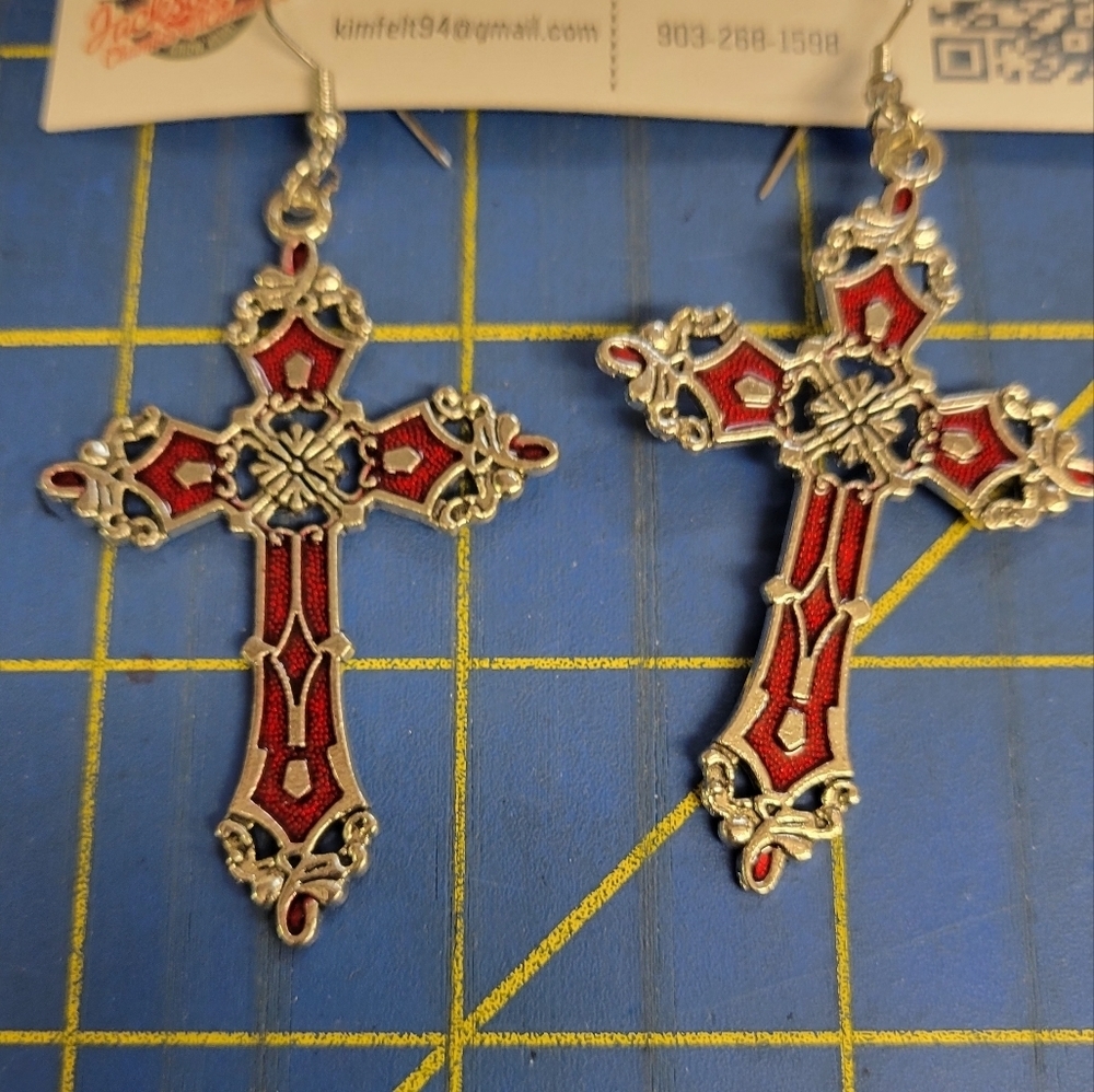 Silver Tone Red Cross 2" Earrings
